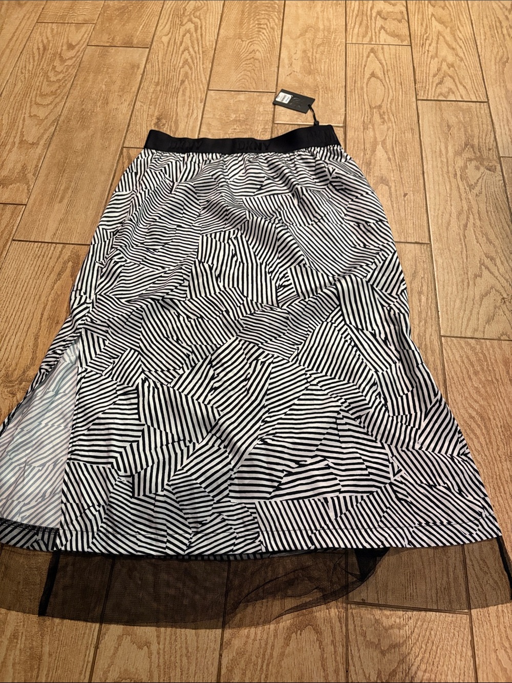 Black & White Striped Geometric Midi Skirt with Mesh Hem